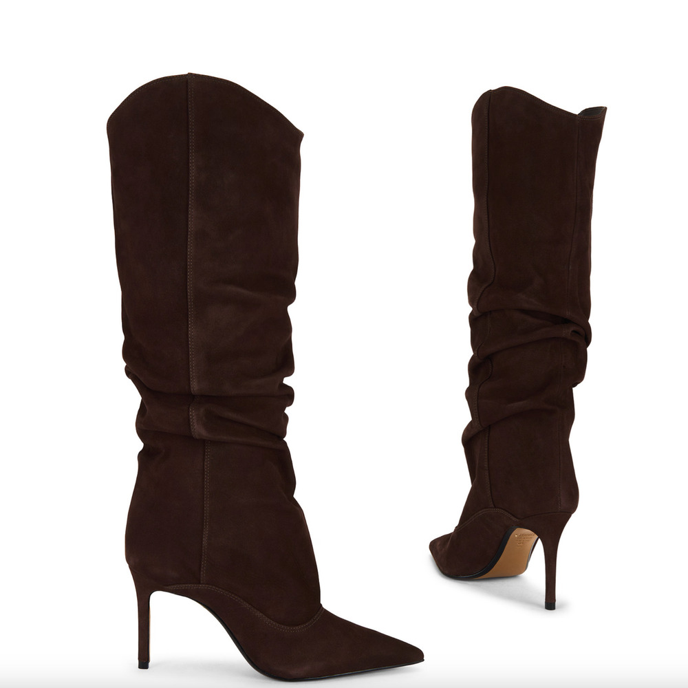 Schutz Maryana Up Slouch Heeled Tall Boot Root Brown Suede Pointed Toe
